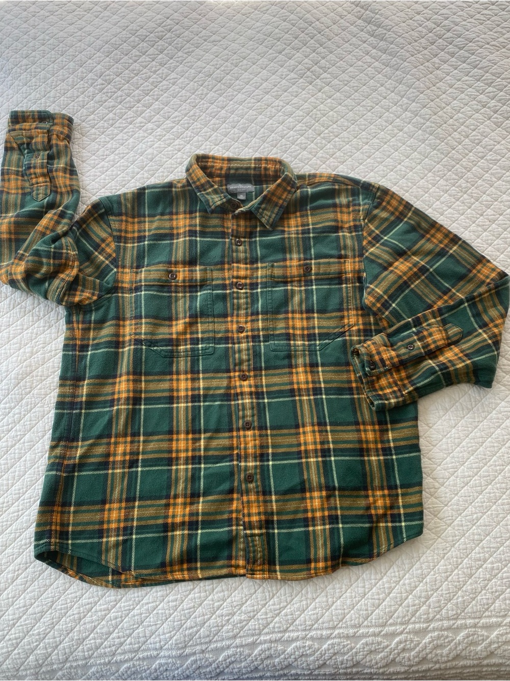 Organic Cotton L.L. Bean Green Yellow Plaid Flannel Button-Up Shirt XL Cabincore